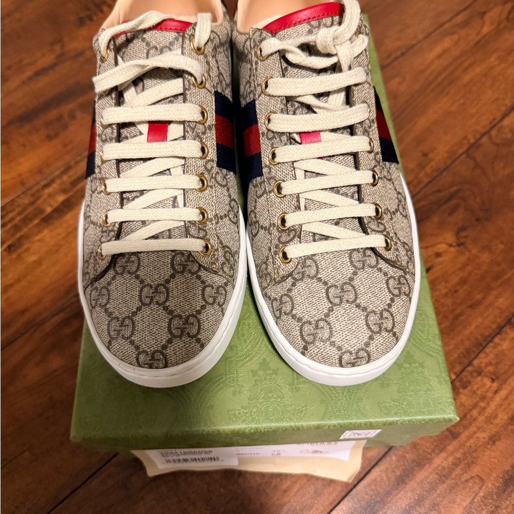Gucci Beige GG Supreme Canvas Sneakers with Red & Navy Web